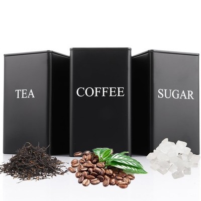 ASelected Tee Kaffee Zucker Kanister 3 Stück Metall Lebensmittel 8,5x8,5x15cm, Schwarz 
