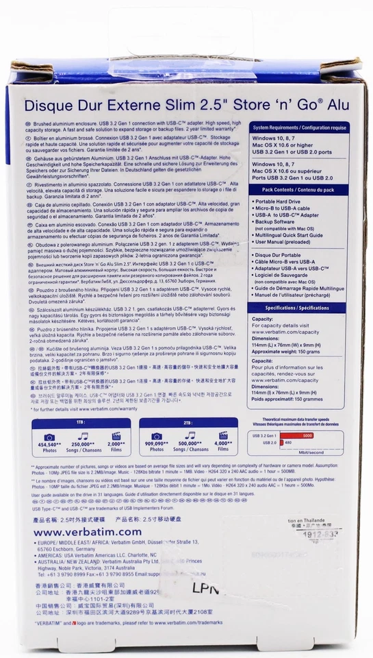 Verbatim Store 'n' Go ALU Slim Space Grey 2TB USB 3.0 externe Festplatte HDD - Bild 2 von 2