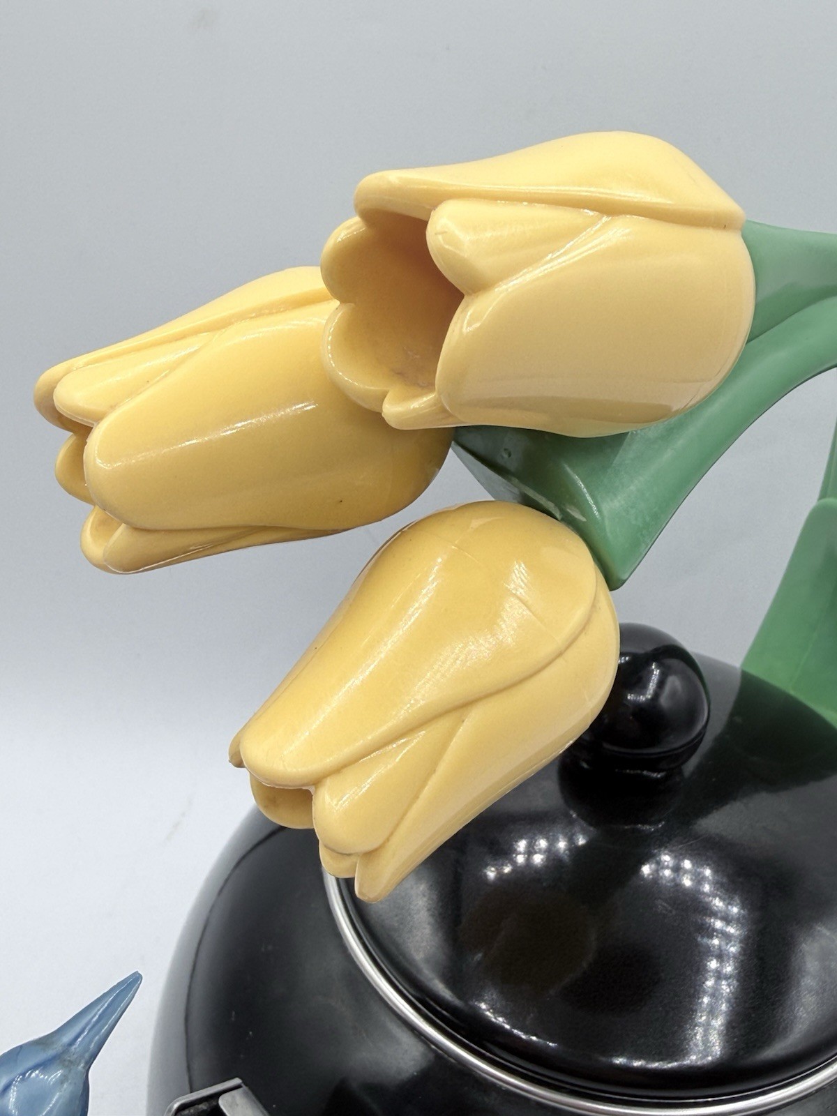 Vintage Ancona RARE Black Enamel Whistling Tea Kettle Tulip & Hummingbird 90s