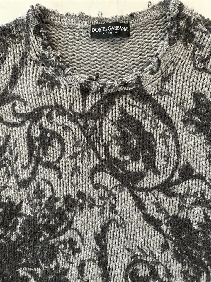 Dolce and Gabbana Chunky Knitted Long Sleeve Sweater Grey Black Floral Italian - Image 2 of 4
