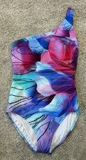 NWT Gottex Golden Blossom One Shoulder One Peice Swimsuit Blue Pink Sz 10