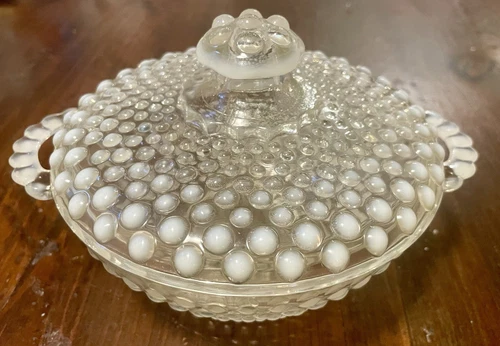 Anchor Hocking MOONSTONE Clear OPALESCENT GLASS Candy Dish w Handles Lid Hobnail