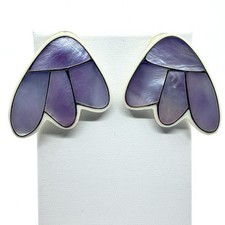 Vintage Purple Mother of Pearl Inlay Stud Earrings Abstract Fan Wing Retro Boho