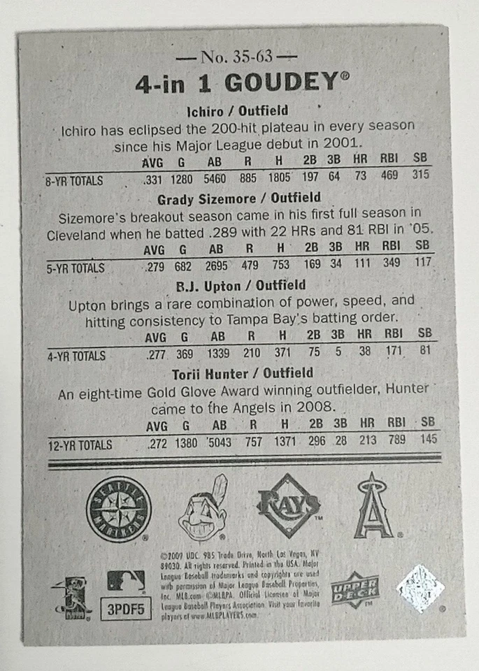Goudey 2009 4 en 1 rojo Grady Sizemore BJ Upton Ichiro Suzuki Torii Hunter Suzuk Foto 4 de 4