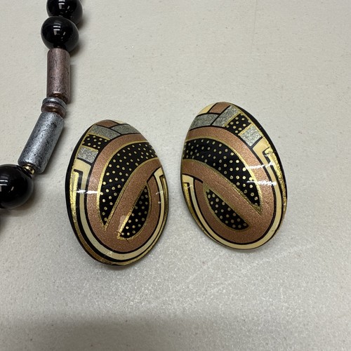Collar de 15" de laca pintada a mano de colección pendientes a juego detalles en tono dorado Japón - Imagen 3 de 16
