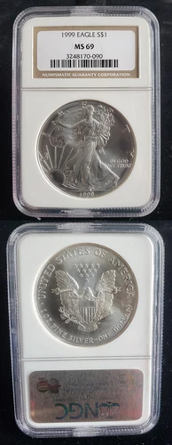 1999 American Silver Eagle 1 Oz Graded NGC MS69 Brown Label 24348