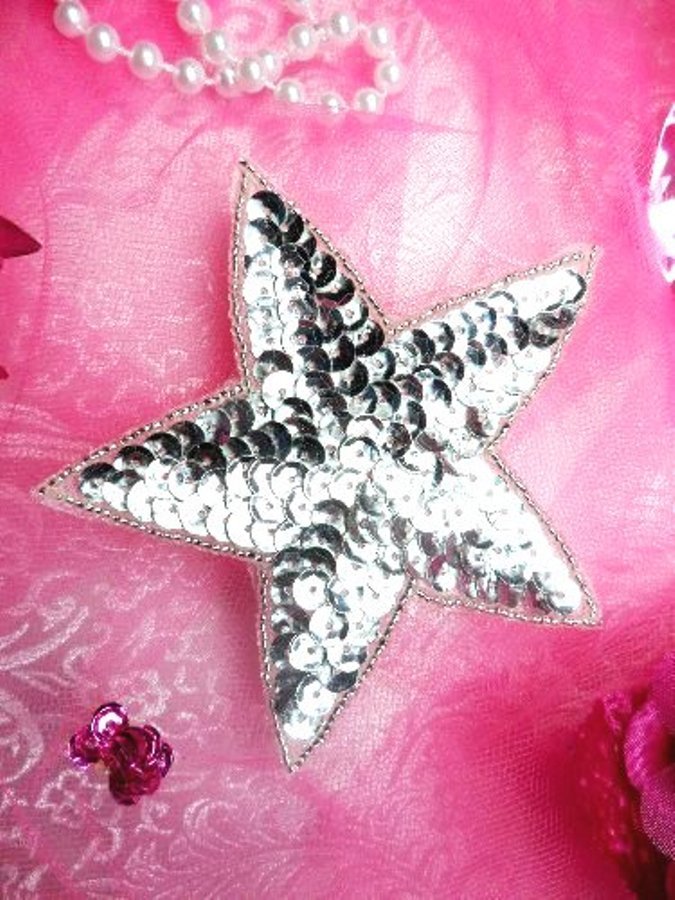 JB71 Silver Star Beaded Sequin Applique Iron on Patch Hot Fix Motif   1.5"