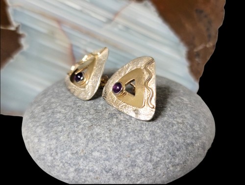 Unique Handmade Retro Style 14K Yellow Gold & Sterling Silver Amethyst Earrings. - Picture 4 of 6