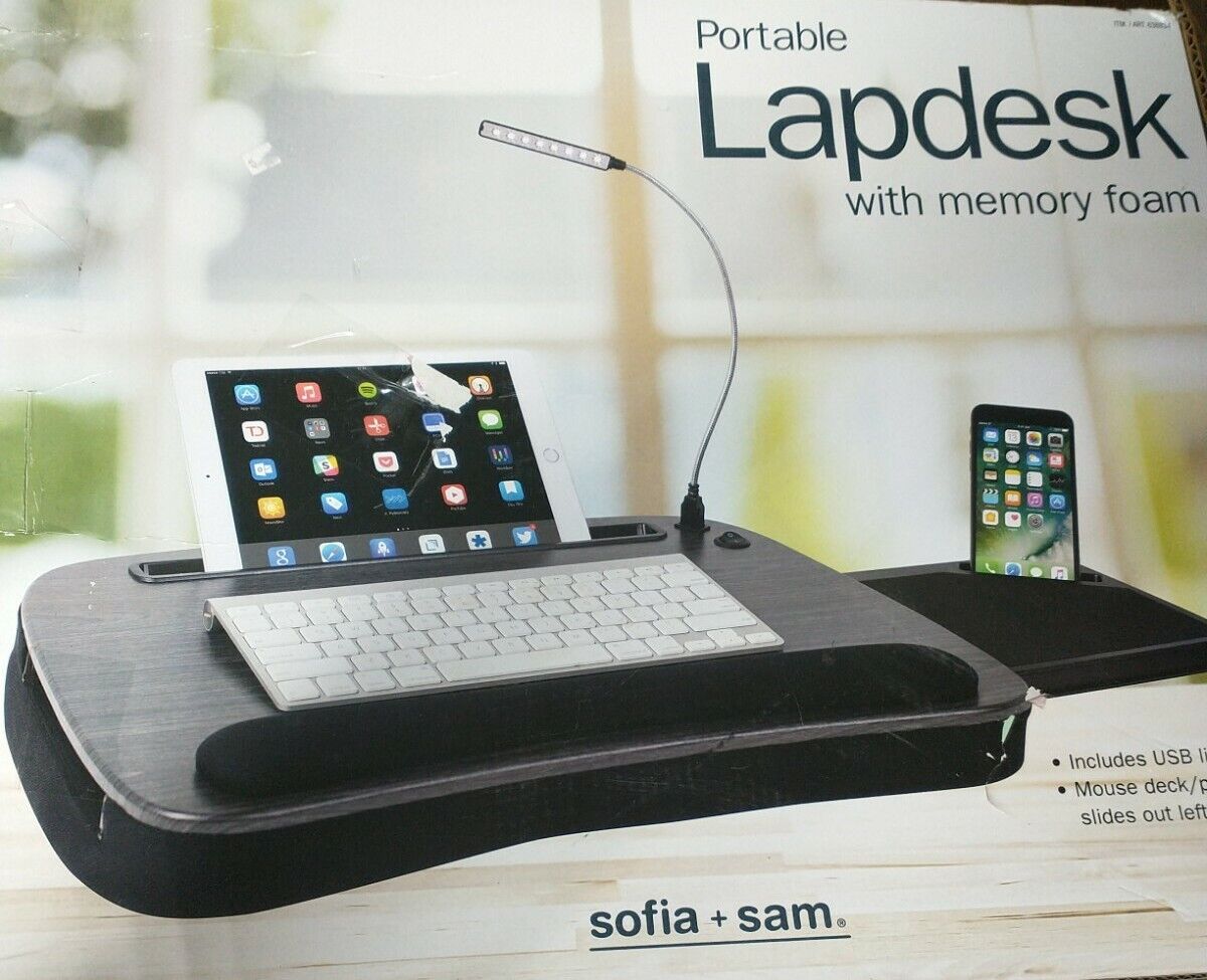 Sofia + Sam Portable Memory Foam Lap Desk with USB Light & Mouse Deck - Wood
