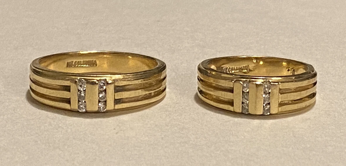 Estate COLUMBIA Ridged 14K Yellow Gold Diamond Wedding Band Ring Set Sz 5 8.75