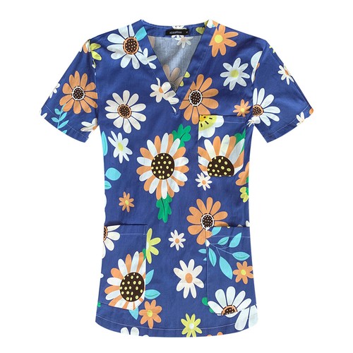100% Pure Cotton Uniform Shirt Women Men Printing Scrub Tops V-Neck Short Sleeve - Picture 23 of 30