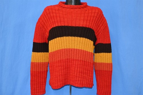 vintage 70s STRIPED RIBBED TURTLENECK HANDKNIT RED BLACK YELLOW ORANGE SWEATER L - Picture 2 of 3