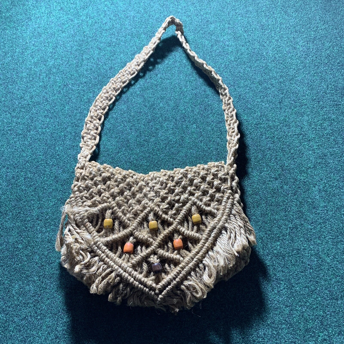 VTG Woven Macrame Crochet Bag Wooden Bead Beige Fringe Shoulder Strap Purse  BOHO