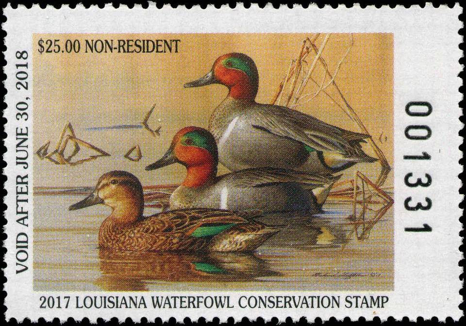 LOUISIANA #29/29A 2017 ESTAMPILLAS DE PATO DEL ESTADO VERDE AZULADO ALADO por Richard Clifton Foto 2 de 2