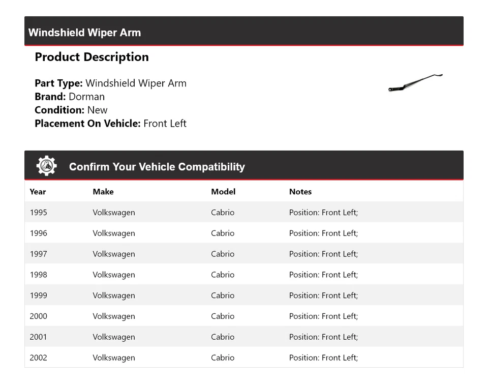For 1995-2002 Volkswagen Cabrio Dorman Windshield Wiper Arm Front Left 1996 1997 - Image 2 of 4