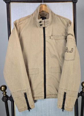 ジャケット・アウター 04aw EMPORIO ARMANI driving designjacket ARMANI JEANS Mens Sz Large Moto Trucker Jacket 100% Cotton Khaki