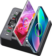 8in1 Wireless Charging Station 80W Dual Qi PD QC Fast Charge Hub 6 USB Fast Port