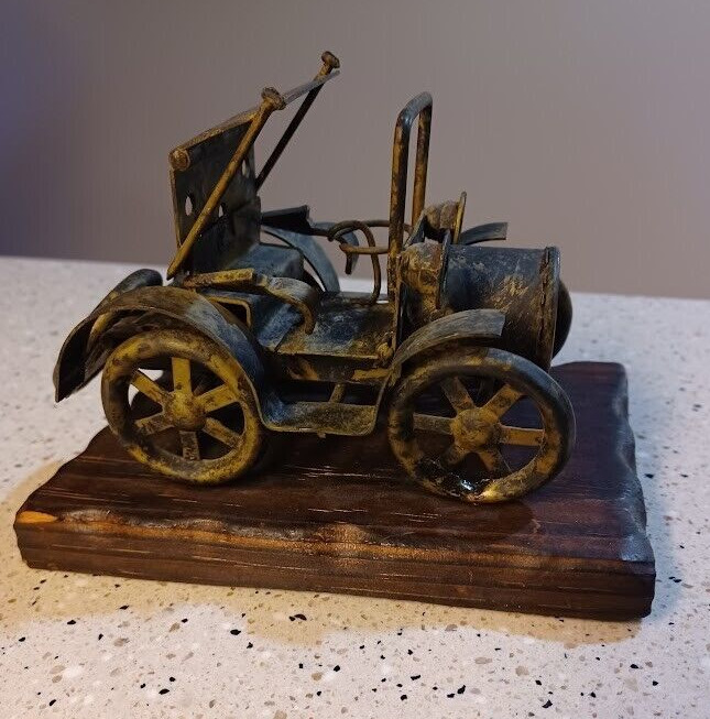 Vintage Metal Automobile Art Deco Sculpture Car on Carved Wood Base Lobeco Spain