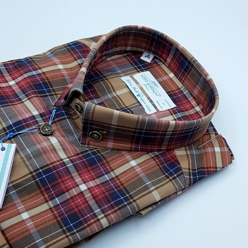 Camicia Quadri Scozzese Marrone Button down piccolo Cotone makò ritorto Monti - Immagine 3 di 4