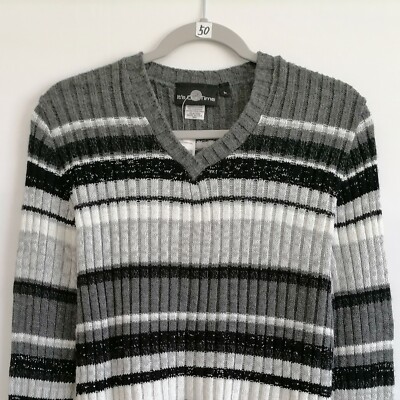 It's Our Time Womens Charcoal Gray Multi Striped V Neck