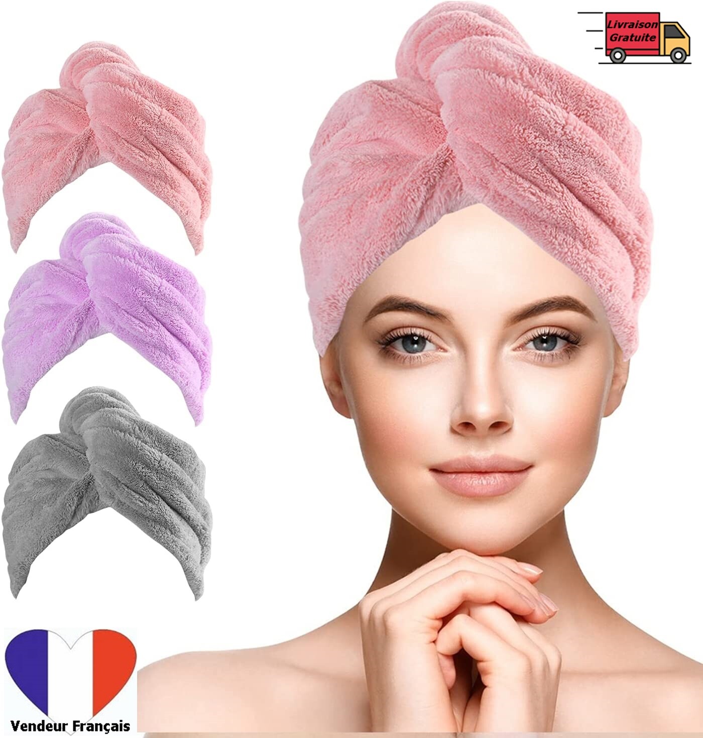 Serviette séchage cheveux microfibre anti-frisottis lot de 3 turbans doux