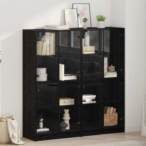 Highboard 2Er Set Schwarz Eichenoptik 68X37X142 Cm Wohnzimmer-image