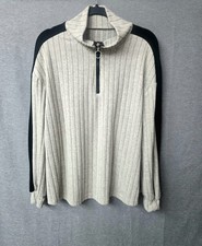 Womens Gray Ribbed Knit Quarter Zip Sweater B...