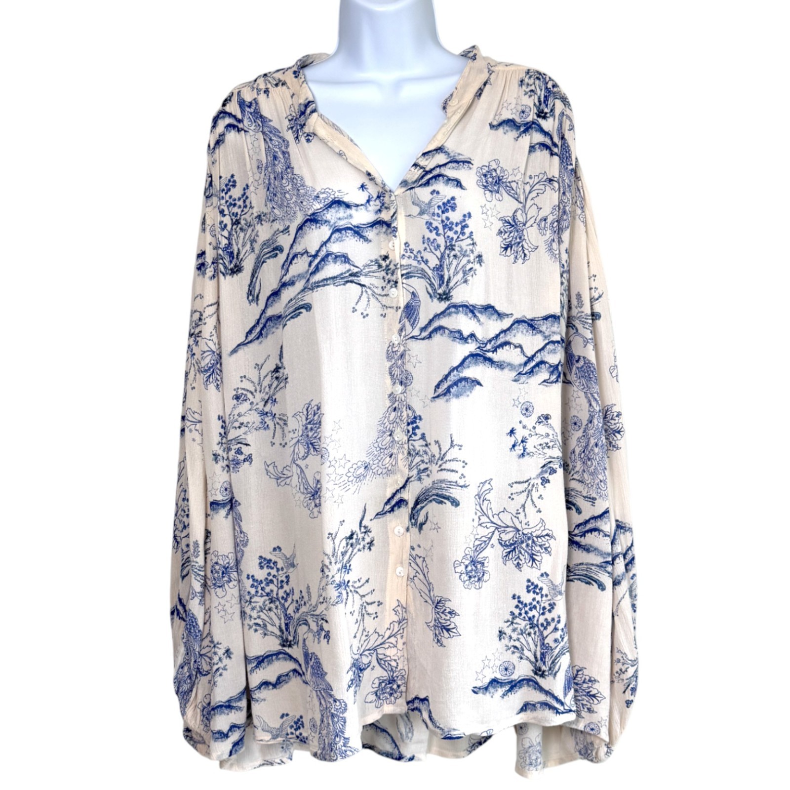 Free People Boho Metallic Blooms Top Size M Peacocks Oversized Cottage Stars