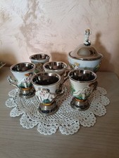 Vecchio servizio da caffè in ceramica e silver plated con putti e scene dipinte