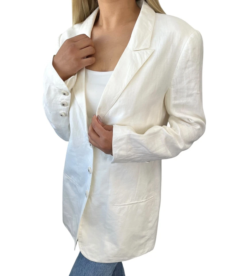 Chaqueta Chanel Vintage 96P Marca CC Logo Botón Plateado #38 Blanco Lino Seda Foto 2 de 4