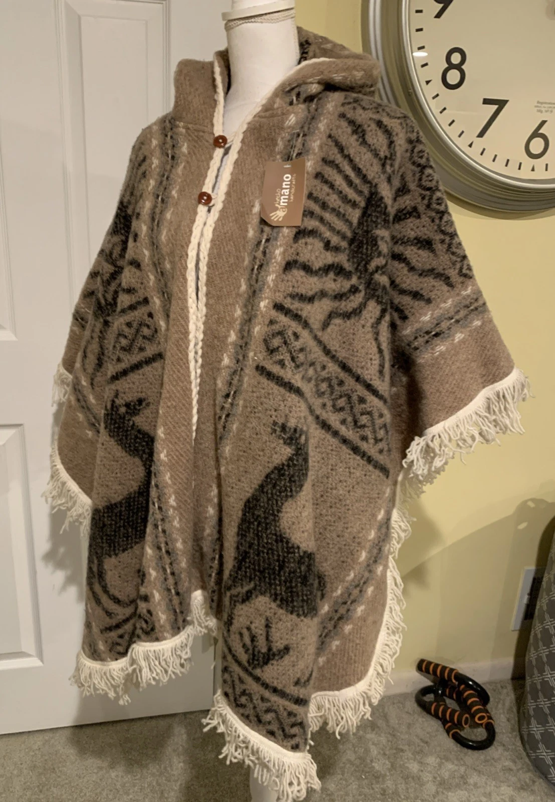 Hecho A Mano Handmade Hooded Wool Poncho Brown Native American Southwestern NWT