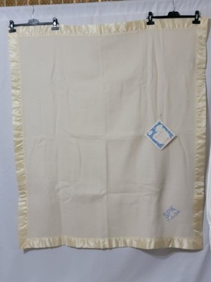 VINTAGE FARIBO ACRYLIC CRIB BLANKLET WAFFLE WEAVE NYLON TRIM MONOGRAMED IVORY
