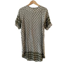 Pinkyotto Olive Green White Ikat Geometric Short Sleeve Shift Mini Dress S/M