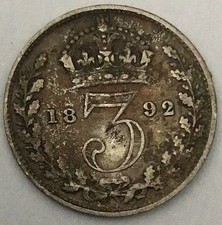 1892 Great Britain Victoria  Sterling Silver Threepence. free UK post. #WB17