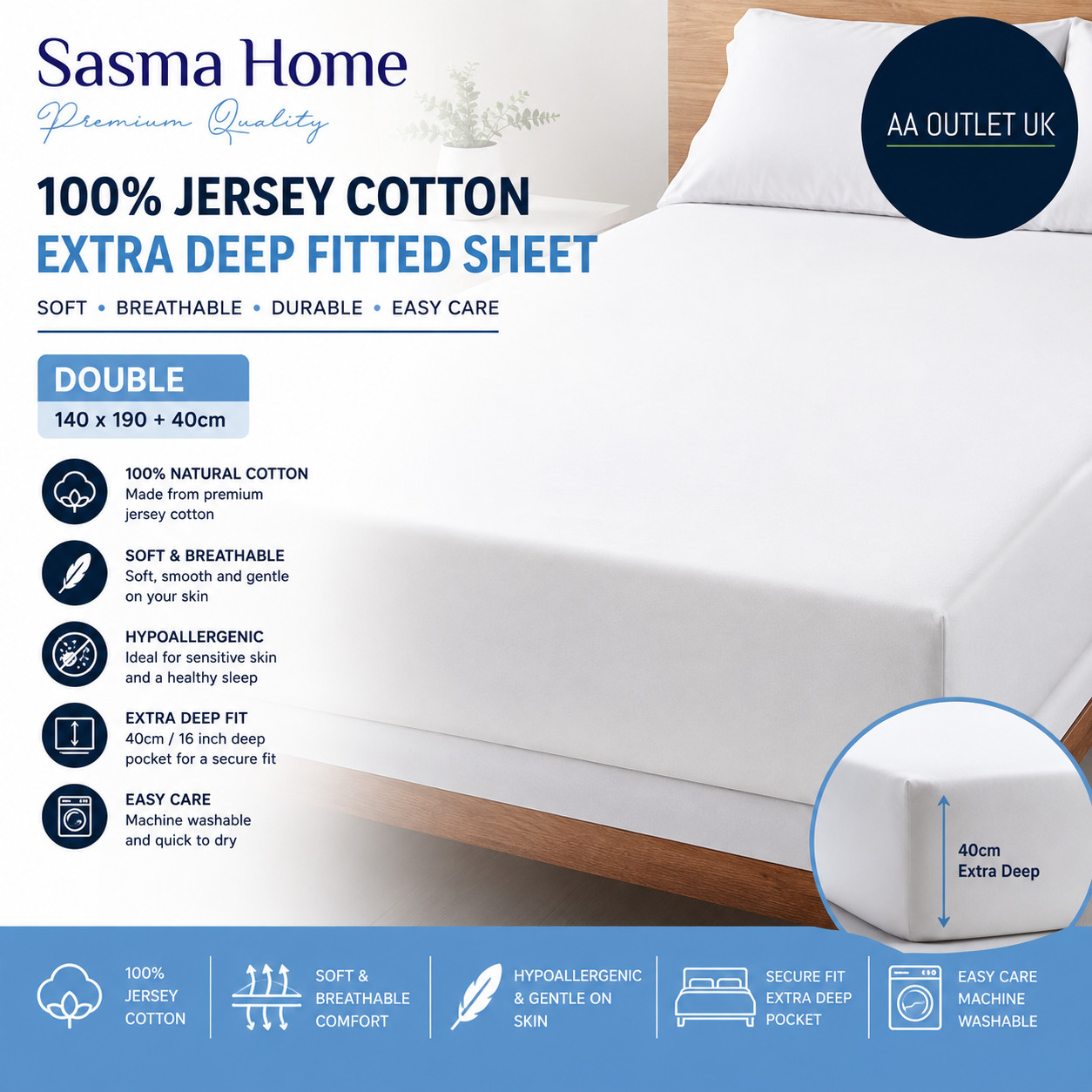 Sasma Home 100% Jersey Cotton Extra Deep Fitted Easy Care Hypoallergenic Double