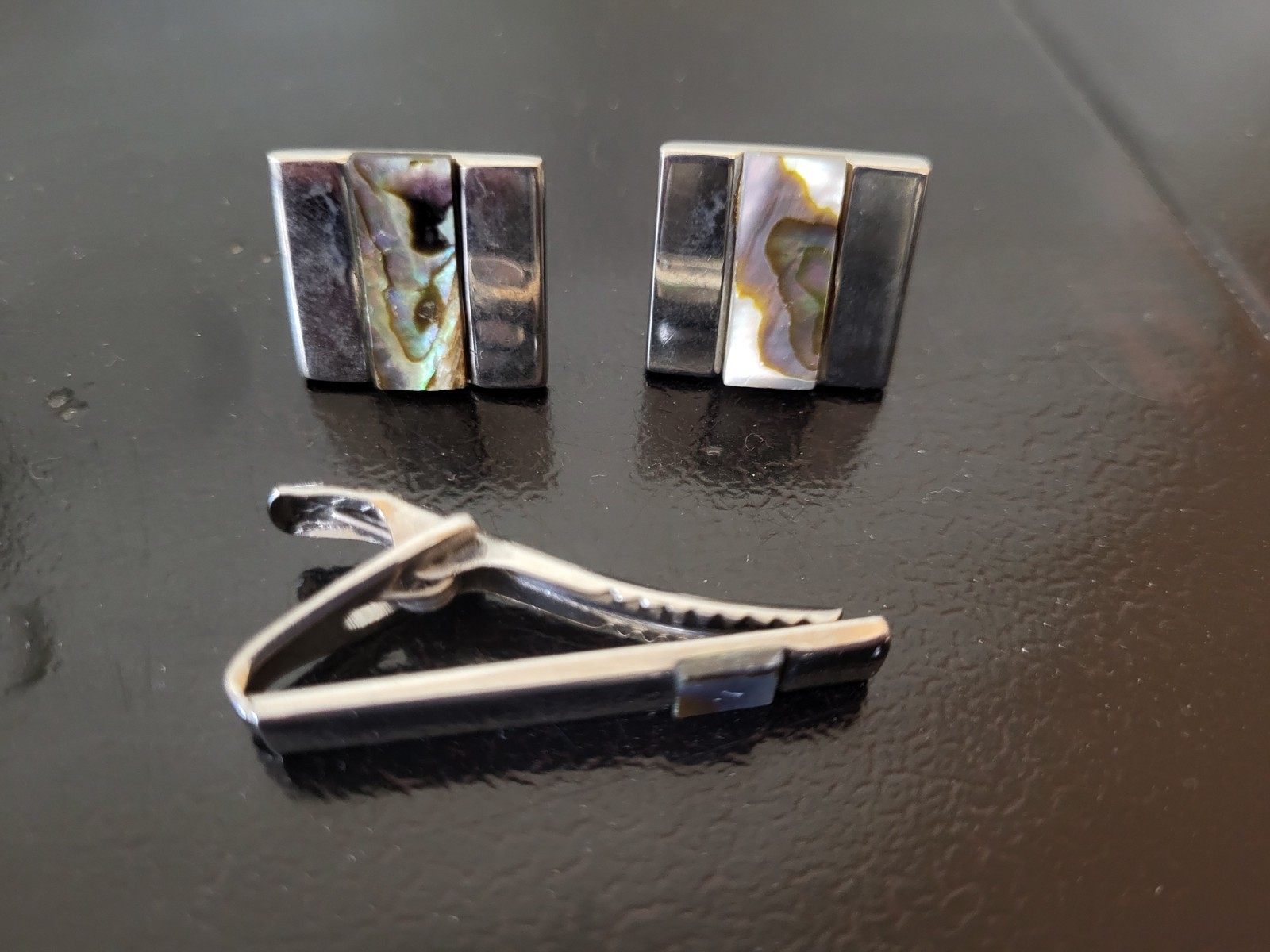 Men's Silver Tone Rectangular Cufflinks & Tie Cla… - image 1