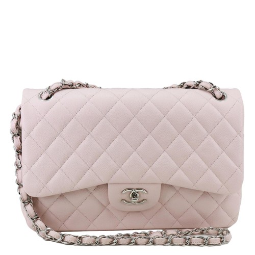 CHANEL Classic Double Flap Jumbo Quilted Caviar Leather Shoulder Bag Light Pink