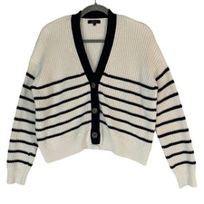 Quince Organic Cotton Fisherman Boxy Cropped Cardigan XS White Black Stripe