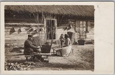 Vintage Polish Rural Basket Weaving Family Scene RPPC Postcard H81
