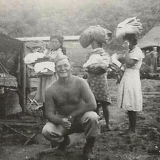 Vintage Snapshot Photo Shirtless Man Tents Women Carrying Bundles WWII Era