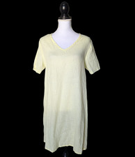 Flax 100% Linen Pale Yellow Lagenlook V Neck Dress Size Small Short Sleeve