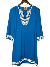Tory Burch Embroidered Dress Tunic Blue Silk Beaded Half Sleeves Boho Size 10