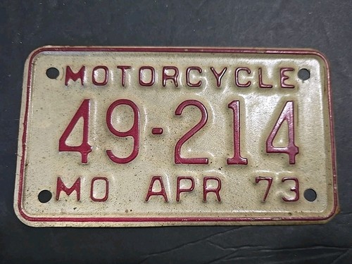 Vintage April 1973 Motorcycle License Plate Tag Missouri MO 49-214