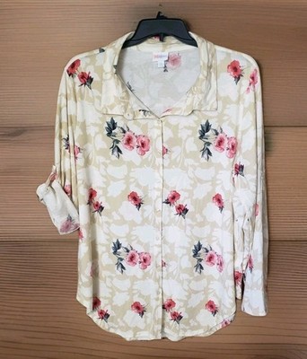 LulaRoe Valentina Size 2XL 20W Ivory Rose Floral Long Roll Tab Sleeve, NWT