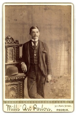 Cabinet Card Circa 1890s Thos. Mills Dapper Man Mustache Suit Bowler Peoria Il