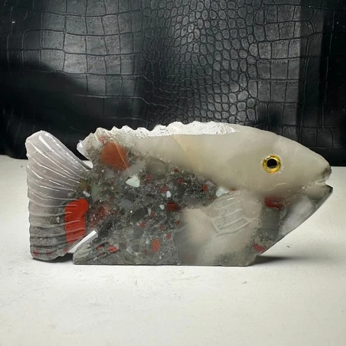 Natural Crystal Mineral Specimen.African Blood Stone. Hand-carved FISH.GIFT.BN