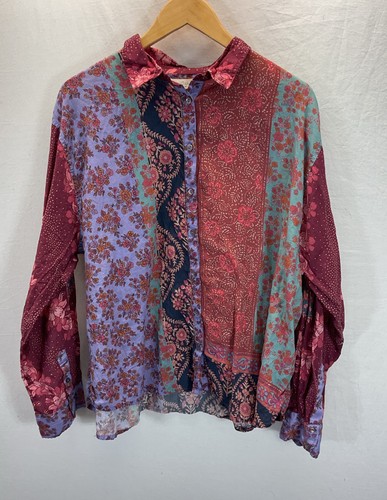 Natural Life Cotton Button Up Patchwork Shirt Floral Paisley Casual Boho XL