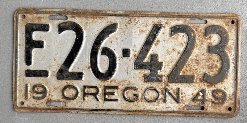 Vintage 49 OR Farm License Plate 1949 Oregon F 26 423 Silver Black