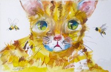 Delilah original watercolor painting cat bee wall art  impressionism