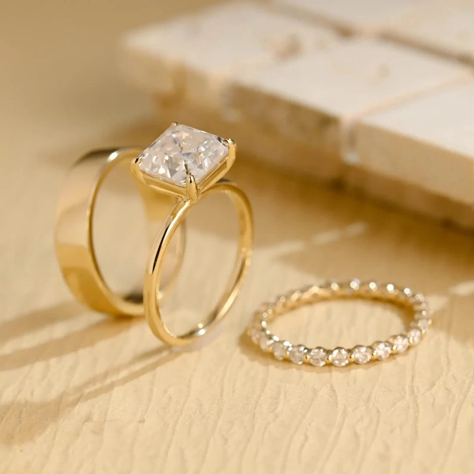 Trio Band Ring Set Asscher Cut Simulated Diamond Wedding 14k Yellow Gold Plated - Image 3 of 4